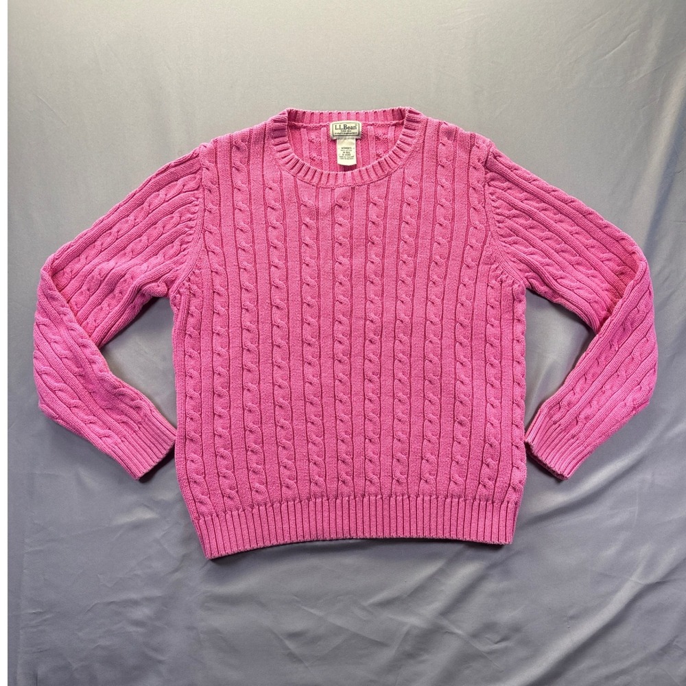 LL Bean Womens Pink Cable Knit Cotton Crewneck Sweater Pullover Sz Medium Reg